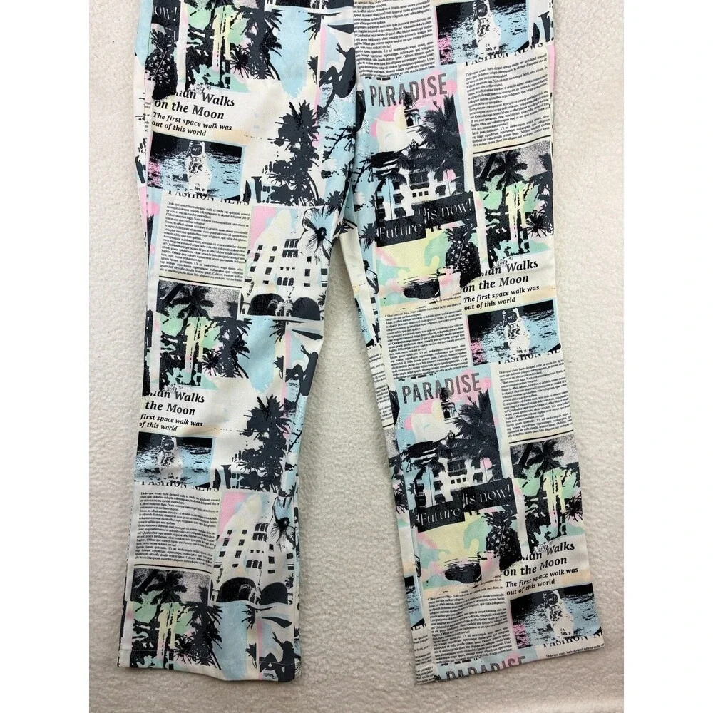 Princess Polly Chino Pants Womens 12 White Newspaper Print Paradise Streetwear